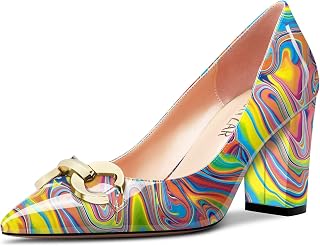 HEUIVZAR Women's Dress Lace Toe Cap Block Heel Chunky High Heel Pumps Patent Leather Slip-on Shoes 8 cm