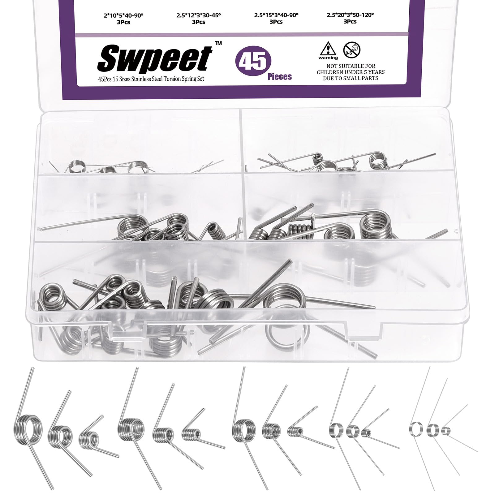 Swpeet 45Pcs 15 Sizes 45/90/120 Degree Stainless Steel Torsional Springs Assortm