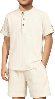 Arshiner Boys 2 Pieces Set Textured Henley Shirts & Shorts Set 4-12 Years