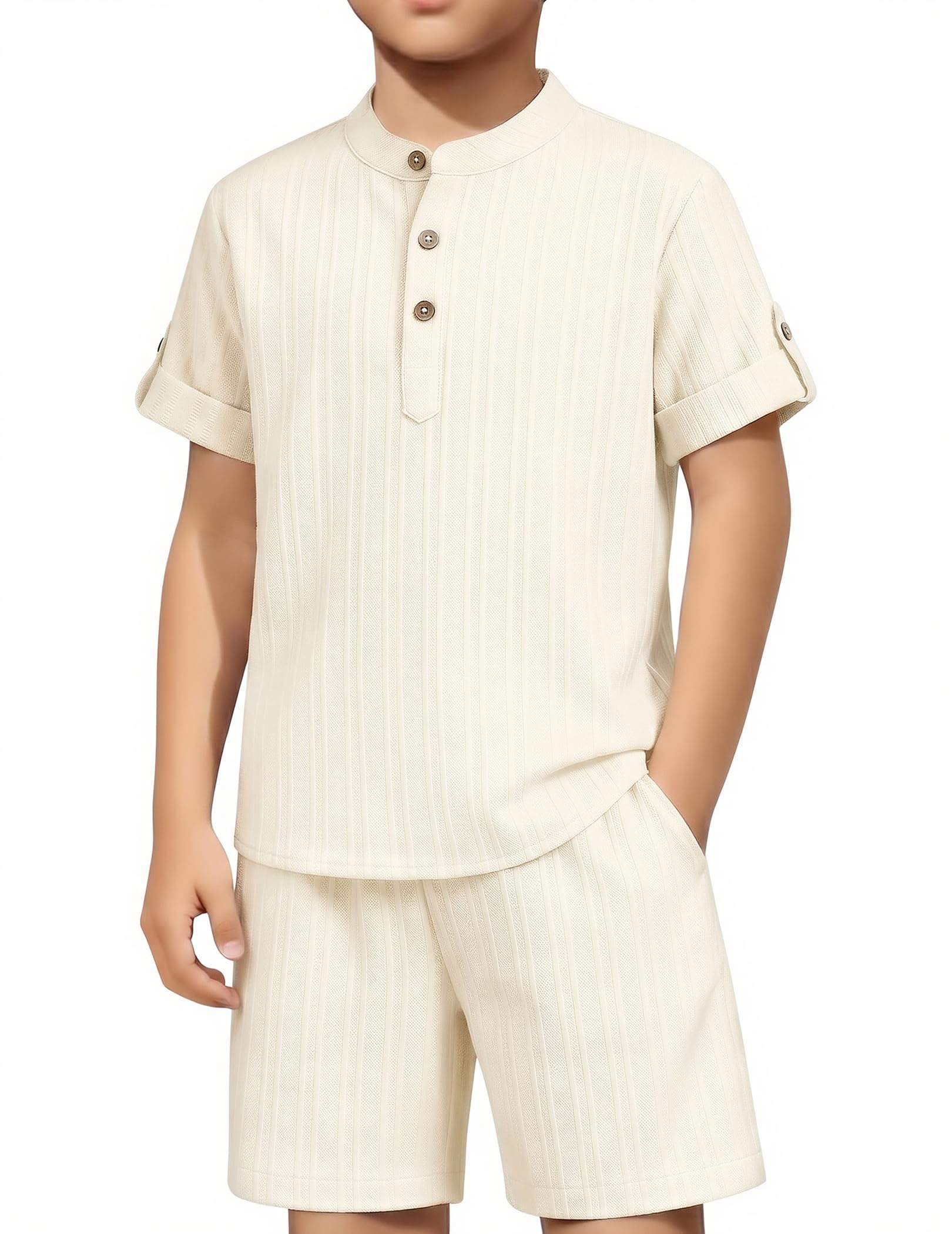Arshiner Boys 2 Pieces Set Textured Henley Shirts & Shorts Set 4-12 Years