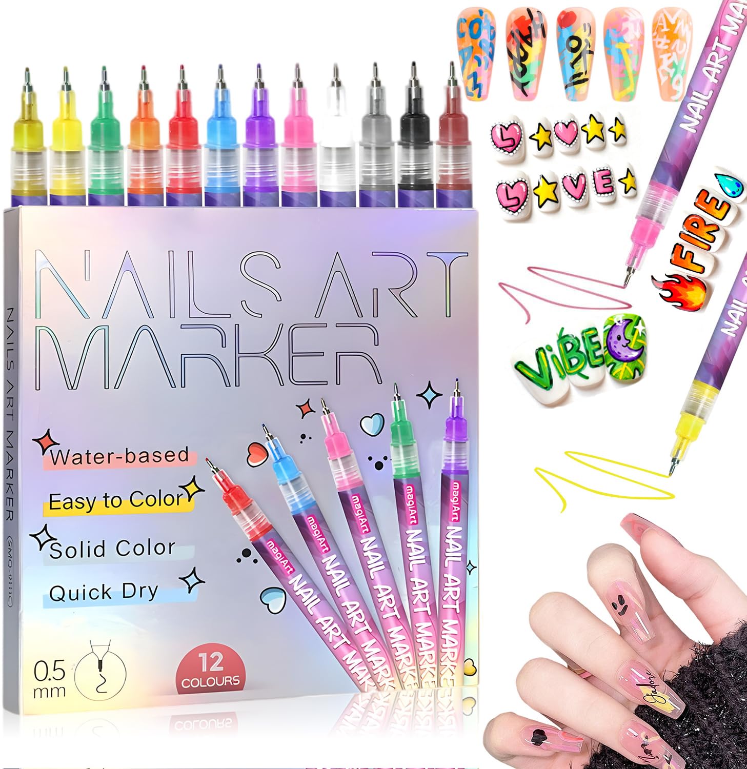 12 Colors Nail Art Pens Set,Fine Tips 3d Nail Art Pens 3d Quick-Dry 0.5mm Nail P
