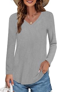 Elesomo Womens T Shirts V Neck Summer Short/Long Sleeve Cotton Tops
