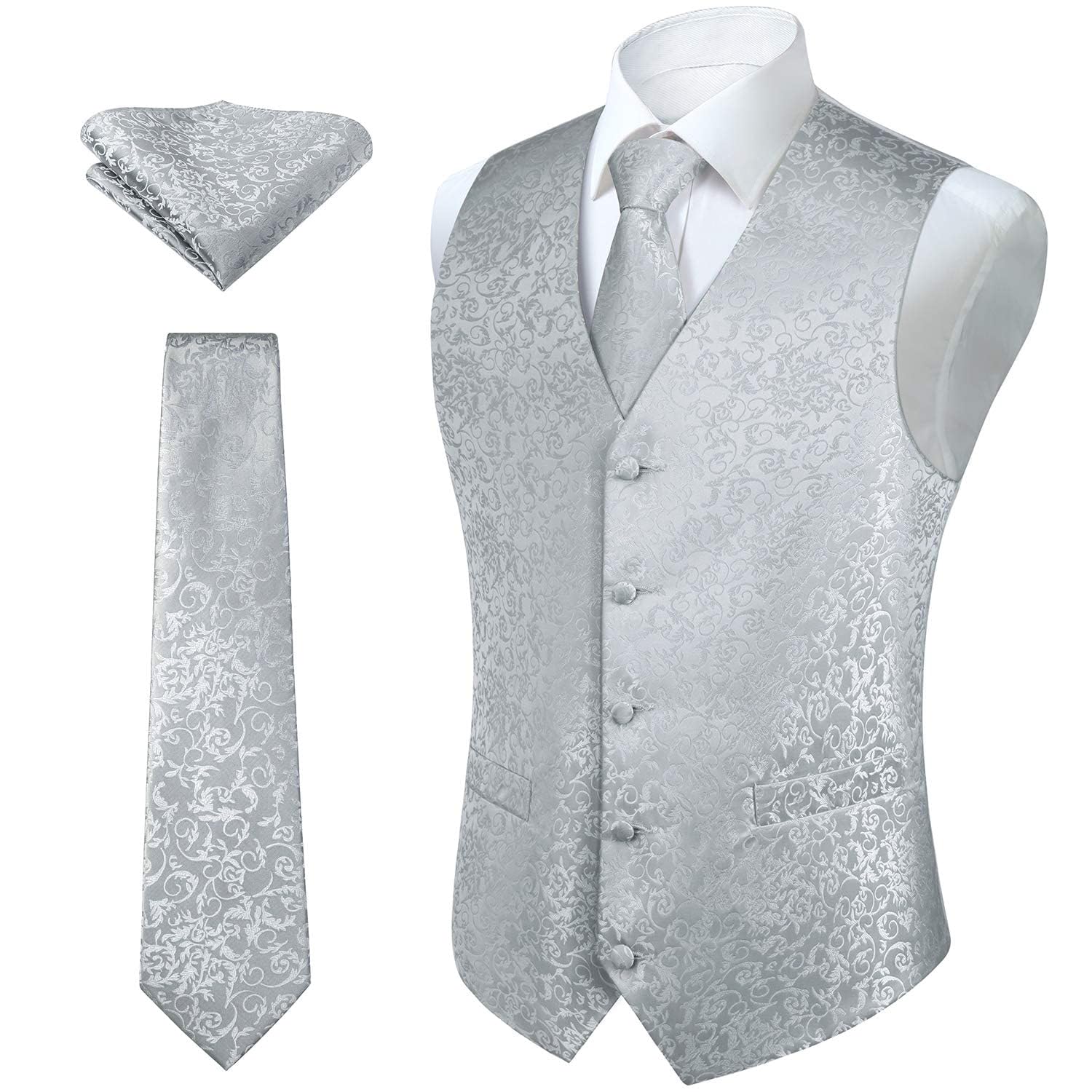 HISDERN Men's Classic Paisley Floral Jacquard Vest and Tie and Pocket