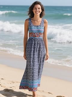 Floral Boho Kleid Damen Ärmellos Sommerkleid mit Taschen und fließendem Rock