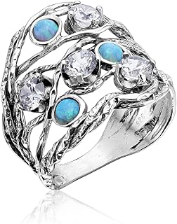 JEAN RACHEL JEWELRY 925 Sterling Silver Ring with 3 Blue Round Opal & 4 White Cubic Zirconia - Boho Vintage Design - Hypoallergenic, Lead & Nickel Free - Artisan Handcrafted Statement Rings for Women