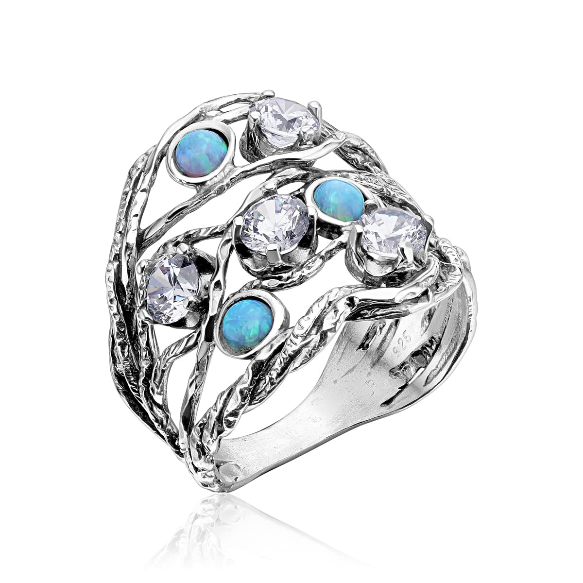 JEAN RACHEL JEWELRY 925 Sterling Silver Ring with 3 Blue Round Opal & 4 White Cu