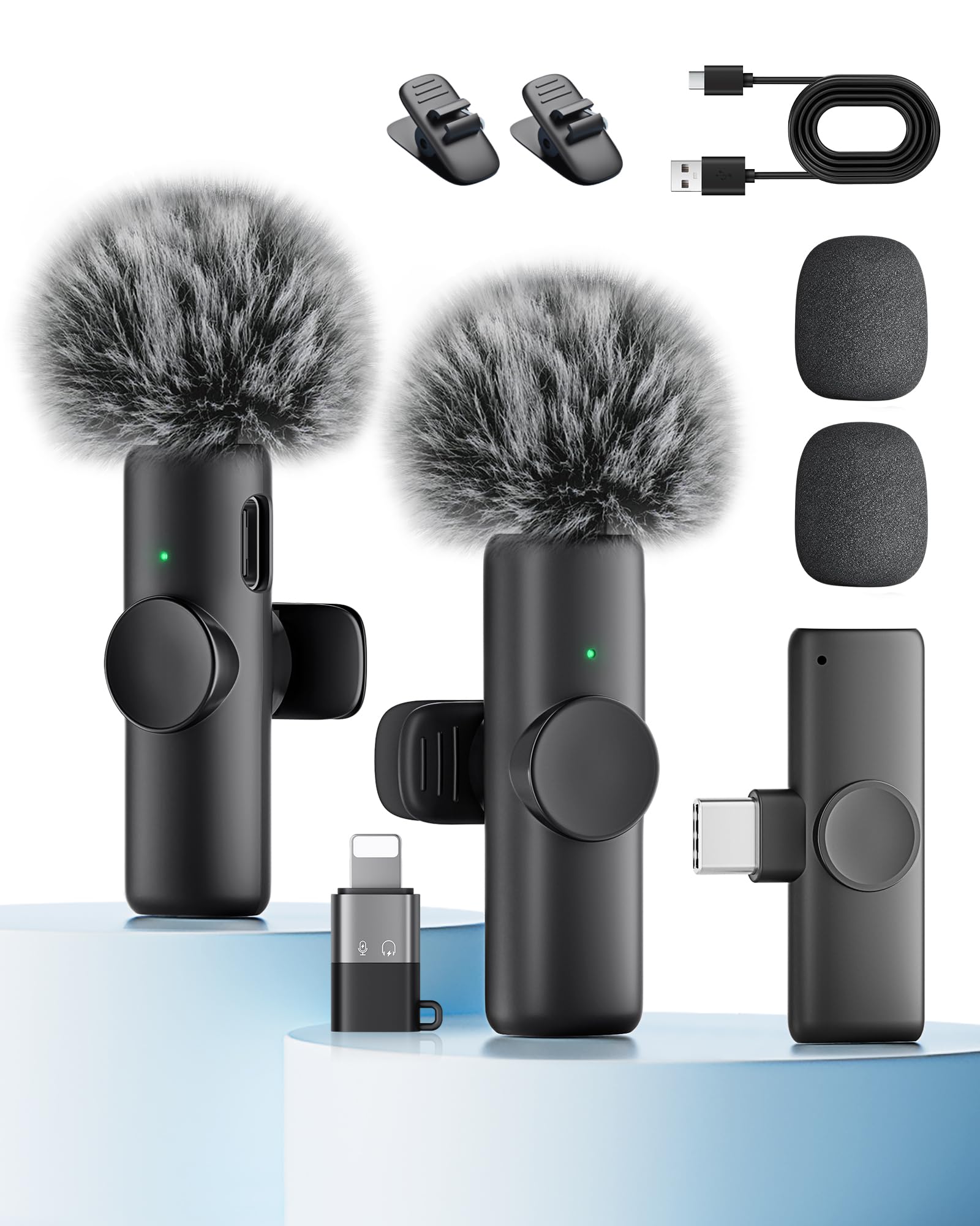Wireless Microphone for iPhone iPad and Android Phone, 2 Pack Wireless Lavalier 