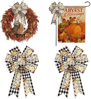 2 Pcs Autumn Garland Bows, Thanksgiving Garland Bows, Black White Buffalo Check Natural Jute Bows, Autumn Pumpkin Leaf Bows for Front Door