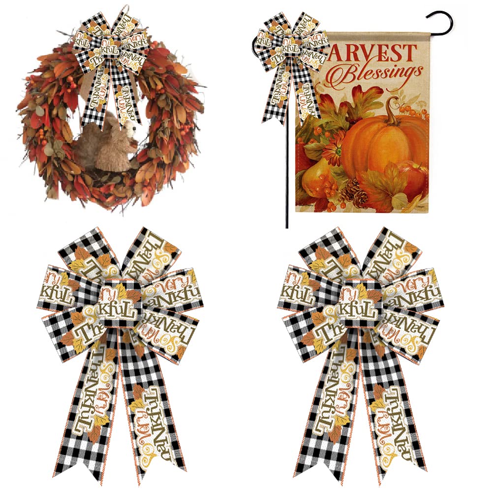 2 Pcs Autumn Garland Bows, Thanksgiving Garland Bows, Black White Buffalo Check 