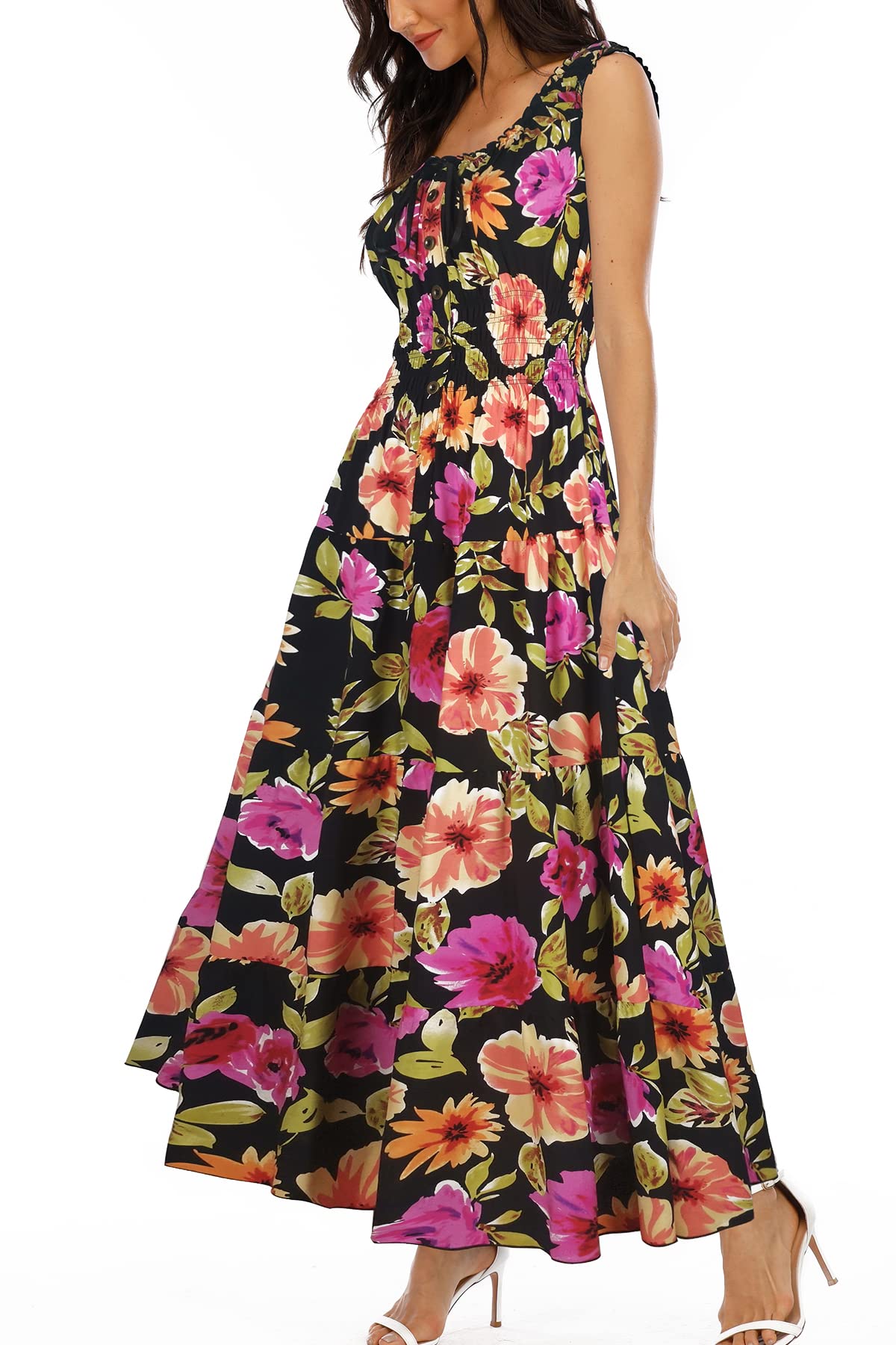 OSTOO Women's Summer 2025 Short Sleeve Boho Floral Print Multi-Layer Long Dress 