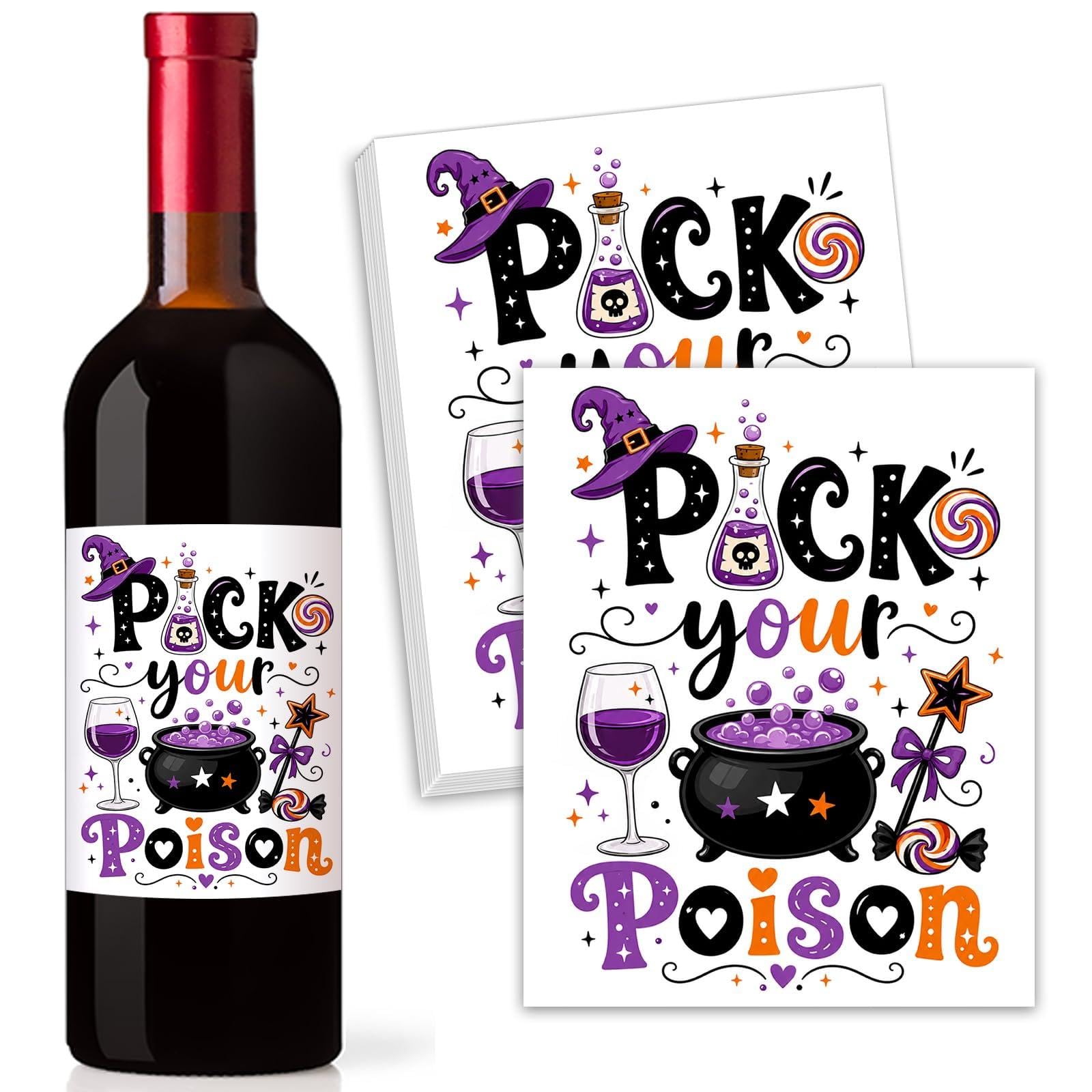 Pick Your Poison Halloween Wine Labels Witch Potion Bottle Stickers 10 Pcs | Wit