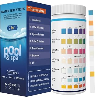 Pool Test Strips 7-in-1 & Hot Tub Test Strips – Quick Spa Water Testing Kit | Practical Pool Test Kit for Accurate Testing of pH, Free & Total Chlorine, Cyanuric Acid, Bromine, Alkalinity & Hardness