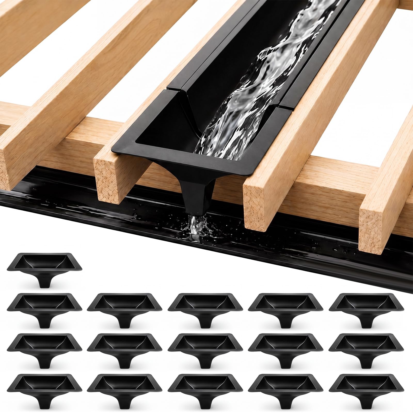 16 Pcs Under Deck Drainage System Downspout for 12"&16"Joist Spacing | Black PE 
