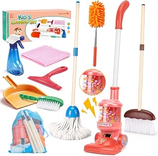 Meland 8-Piece Kids Cleaning Set with Toy Vacuum and Broom | Toddler-size broom and toy vacuum encourage household role play, coordination and pretend play, gift for boys girls ages 3-6