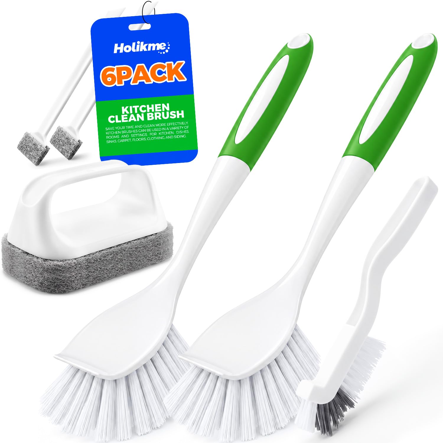 Holikme 6 Pack Dish Brush Set with Handle for Cleaning, Green | Kitchen Scrub Br