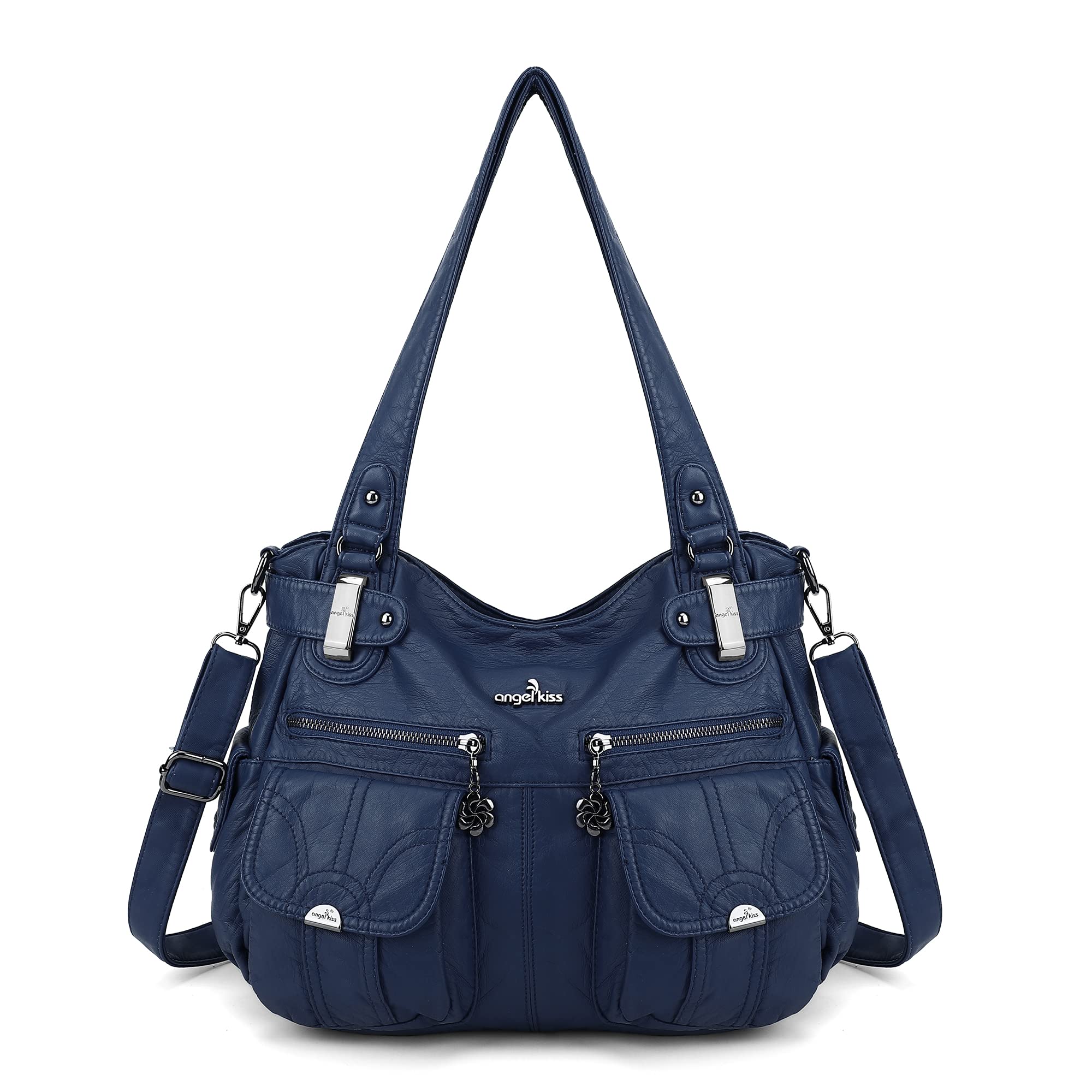Angel Kiss Women's Designer Handbag Large Double Zipper Multi Pocket Washed Leat