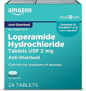 Amazon Basic Care Loperamide Hydrochloride Tablets, 2 mg, Anti-Diarrheal, 24 Count (Pack of 1)