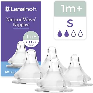 Lansinoh NaturalWave Baby Bottle Nipples, Slow Flow (S), 4 Count | 1+ Month, 100% Soft, Durable Silicone, Made without BPA BPS, Anti-Colic, Supports Baby's Developing Mouth and Teeth