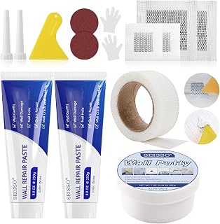 SEISSO 2 x 250 g Wall Putty, 1 x 200 g Wall Repair Putty, 1 x Self-Adhesive Tape, 4 x Patches for Wall Repairs, Scratches, Graffiti