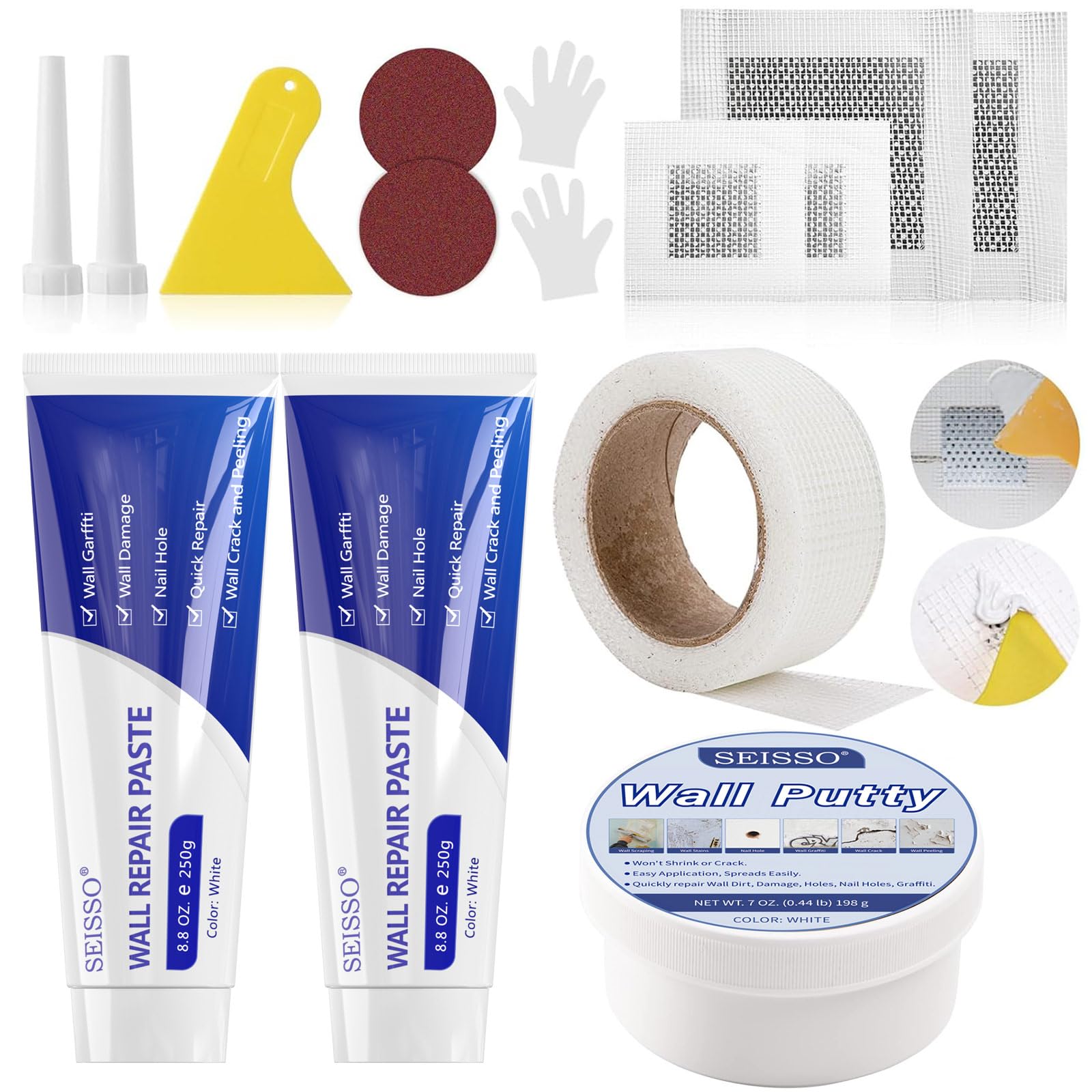 SEISSO 2 x 250 g Wall Putty, 1 x 200 g Wall Repair Putty, 1 x Self-Adhesive Tape