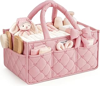 Blissful Diary Baby Diaper Caddy Organizer, Nursery Basket, Bow Light Pink | Portable Storage Basket with Removable Dividers, Gift for Baby Shower, Newborn Boy &amp; Girl Essentials, Baby Registry Must Have