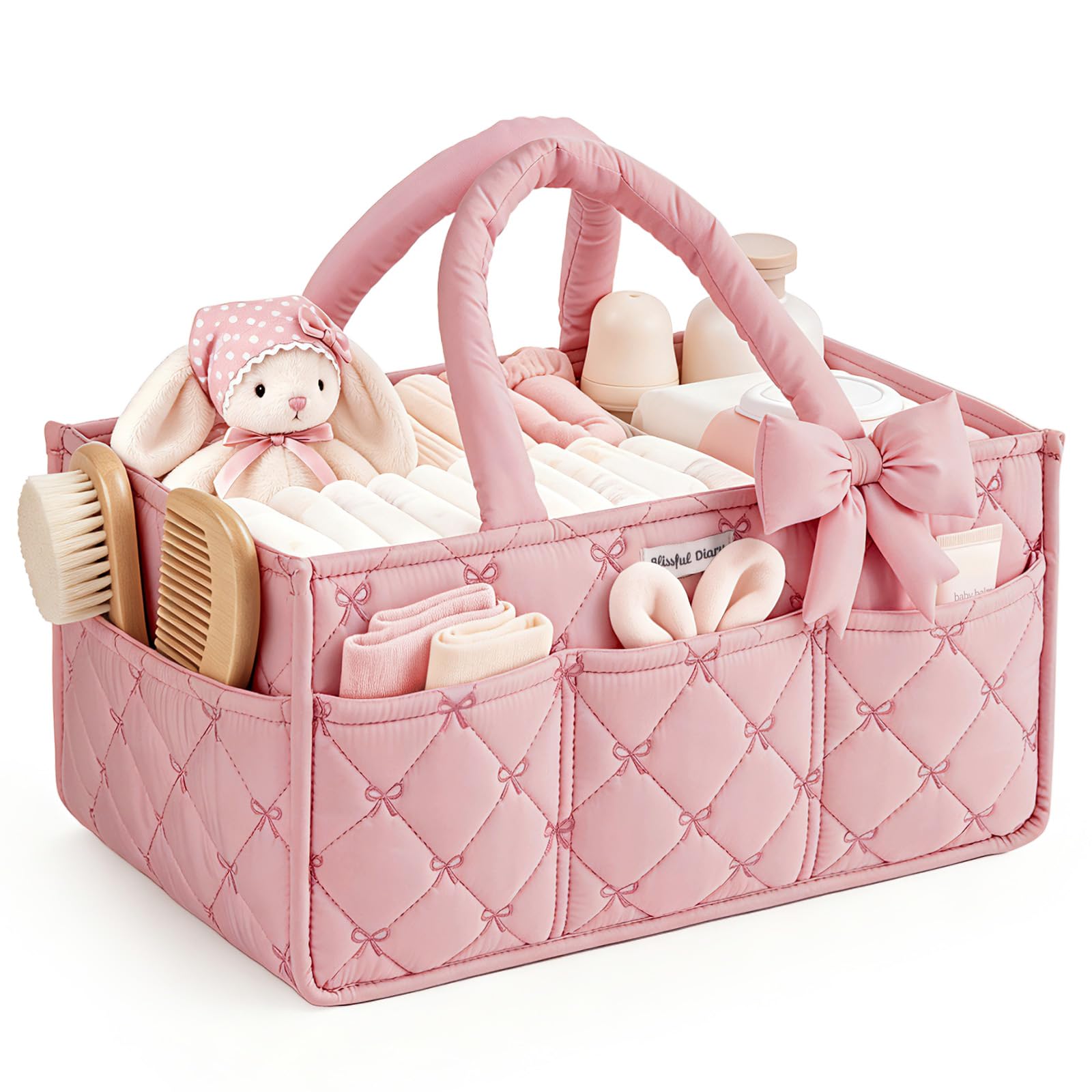 Blissful Diary Baby Diaper Caddy Organizer, Nursery Basket, Bow Light Pink | Por