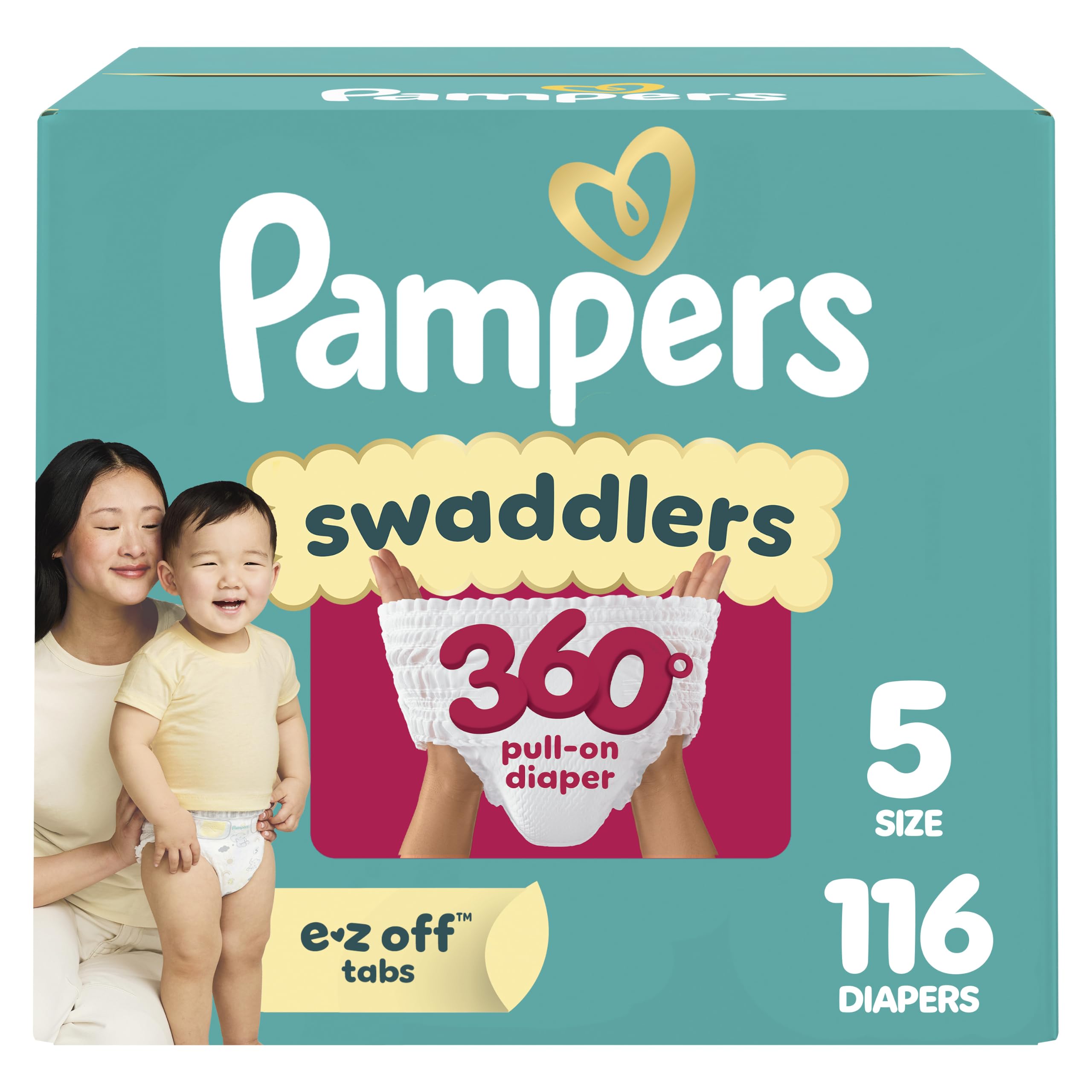 Pampers Diapers - Swaddlers 360° - Size 5, 116 Count, up to 100% Leakproof Comfy