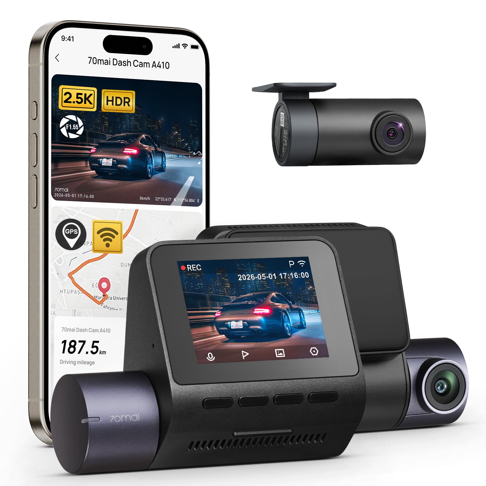 70mai 2.5K Dash Cam Front and Rear, F1.55, Night Vision, WiFi GPS, ADAS | 2.5K+1