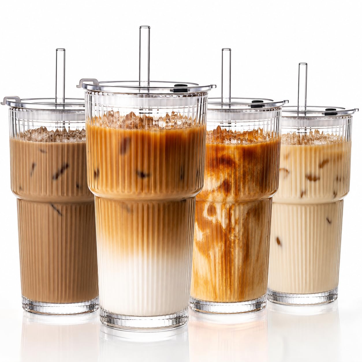 20oz Iced Coffee Cups with Lids, Ribbed Glass Cups with Lids and Straws | Thick 