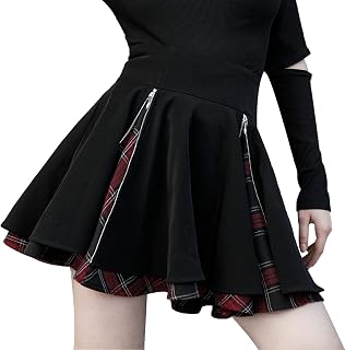 Gonne gotiche da donna carino a vita alta plaid kilt per le donne trendy elastico orlo in vita svasato lunghezza al ginocchio minigonna, nero, 4XL
