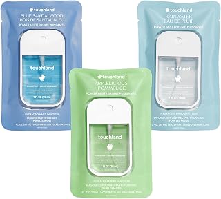 Touchland Fresh & Woods Hydrating Hand Sanitizer Spray Set Travel Size | TSA ready Power Mist with skincare benefits. Fresh scents of Blue Sandalwood, Appleliciousa and Rainwater.