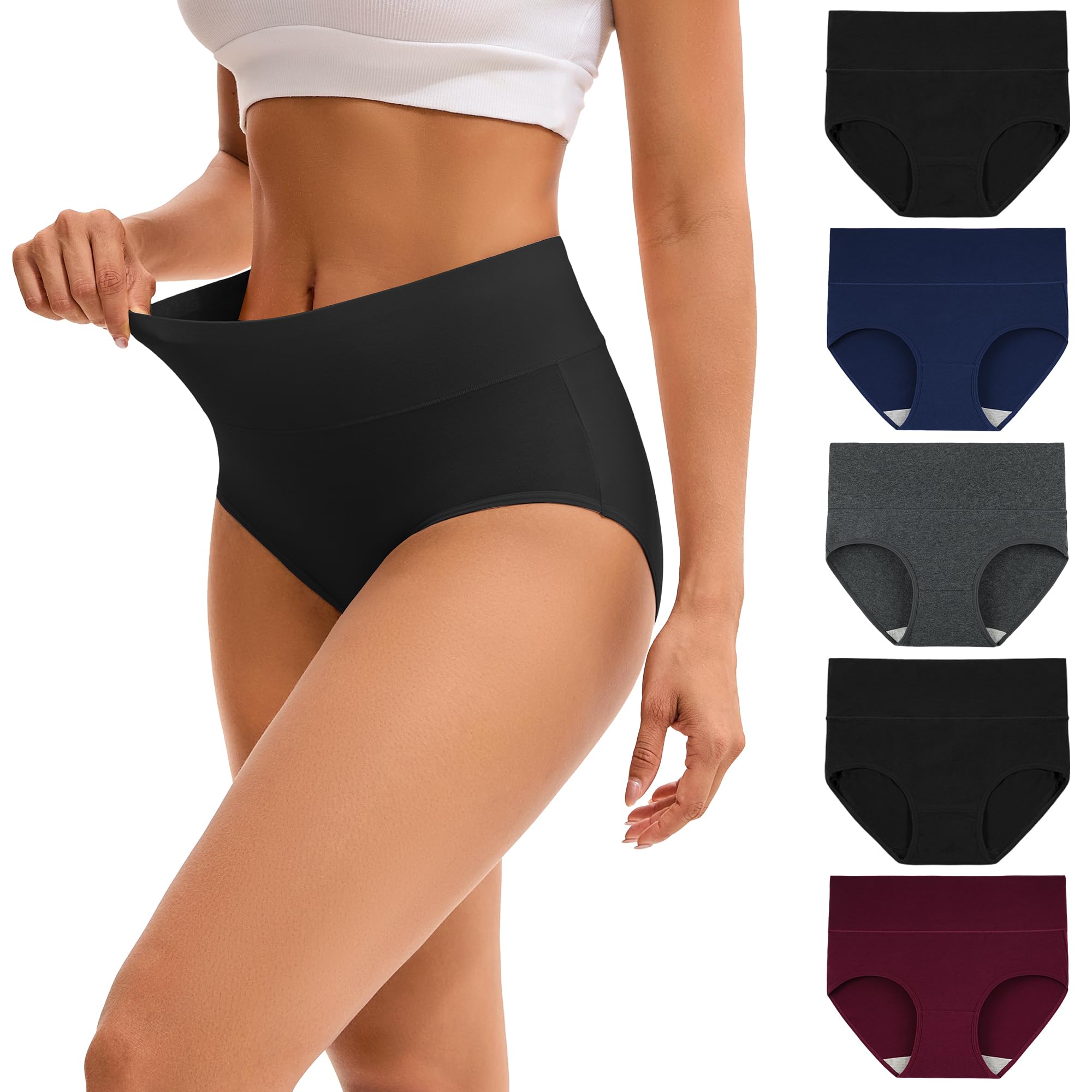INNERSY Womens High Waisted Underwear Cotton Plus Size Ladies Panties 5-Pack