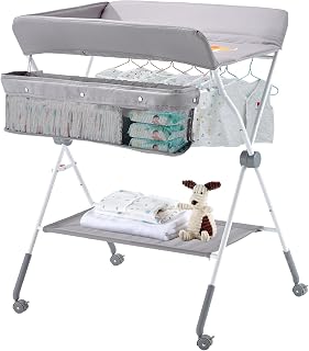 VEVOR Baby Changing Table, Foldable Diaper Change Station with Side Basket, Adjustable Height Portable Changing Table with Lockable Wheels, Multi-Functional Storage Organizer Nursery, Light Gray
