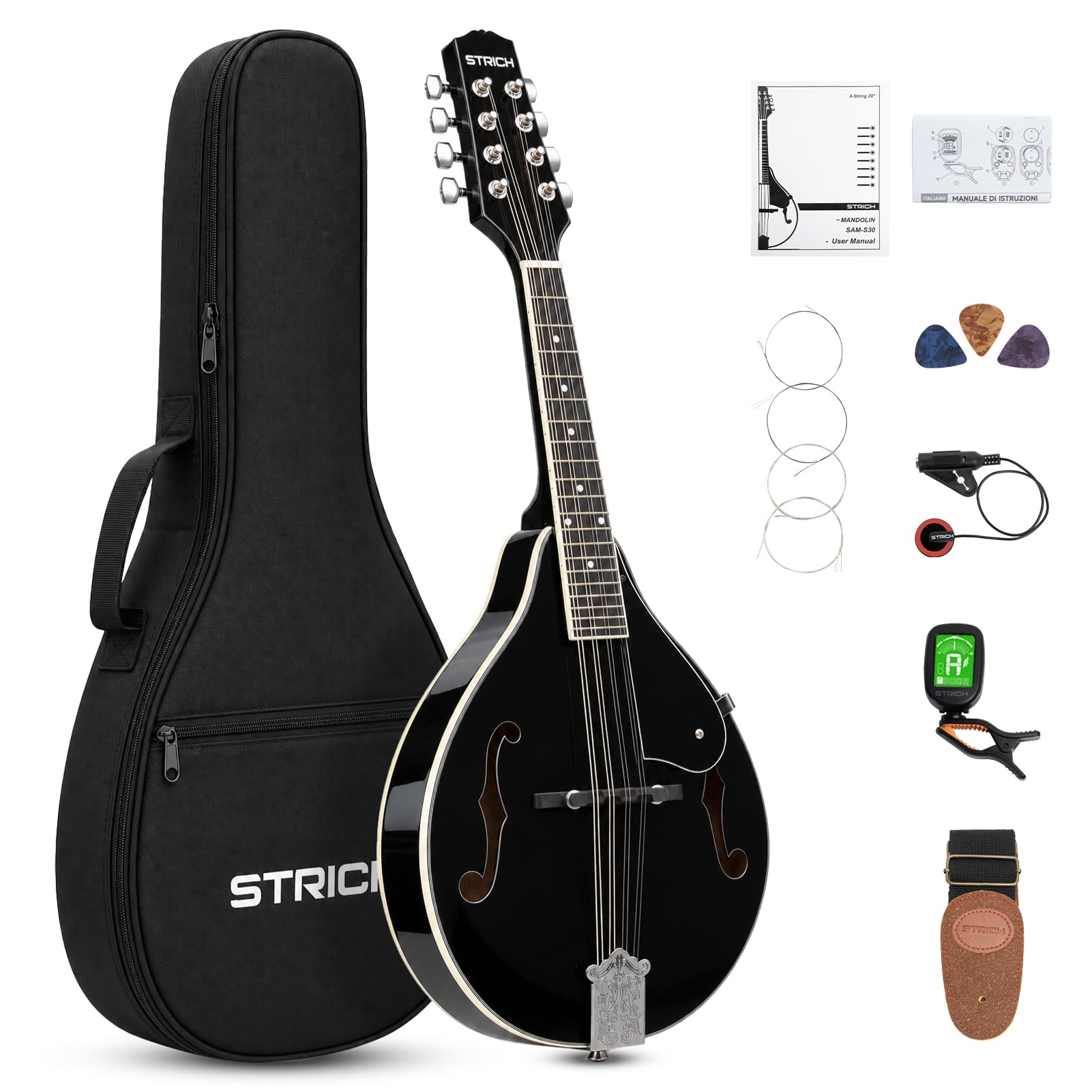 STRICH Acoustic Mandolin Musical Instrument 28-inch A Style, Black | 8 String, S