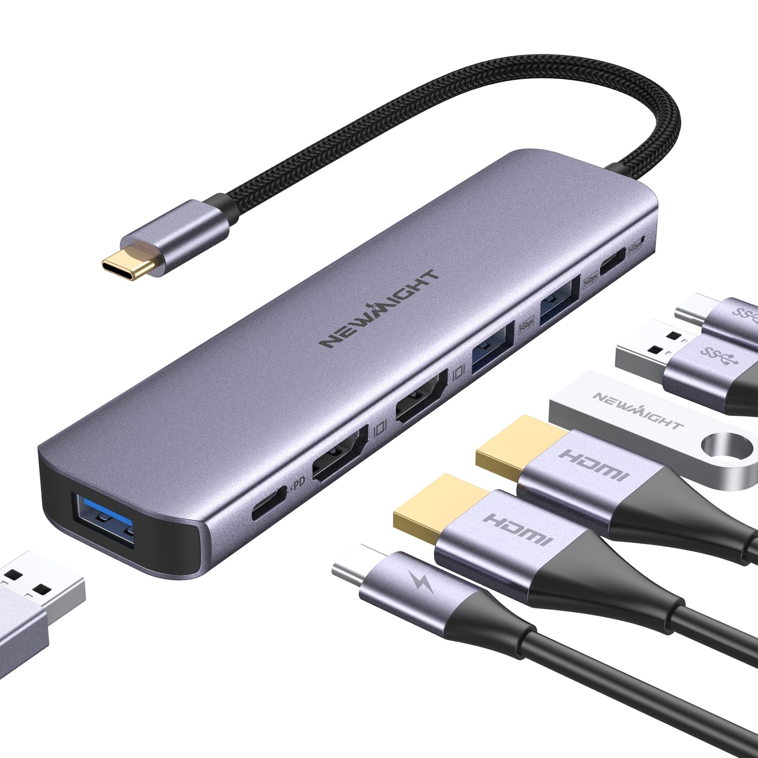 USB C Hub to Dual HDMI Adapter- Newmight 7 in 1 USB C Docking Station with 2 HDM