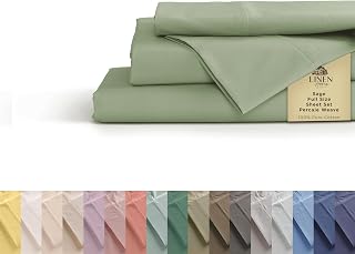 Linen Home Full Size 100% Cotton Percale Sheets, 4 Pc Cooling Set - Sage