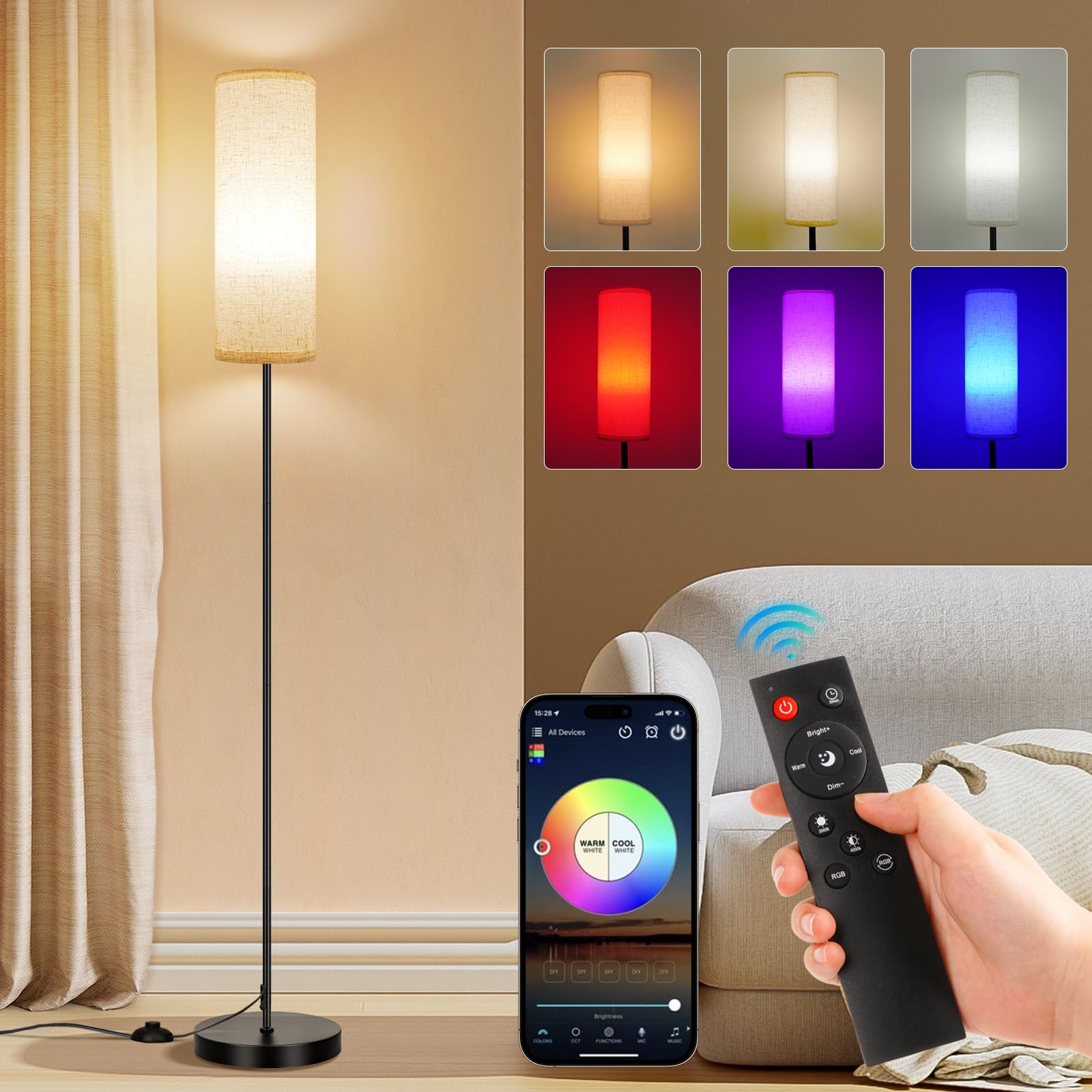 FRIDEKO HOME Floor Lamp, 9W 800LM Color Changing Smart Bulb, Beige Shade | Music
