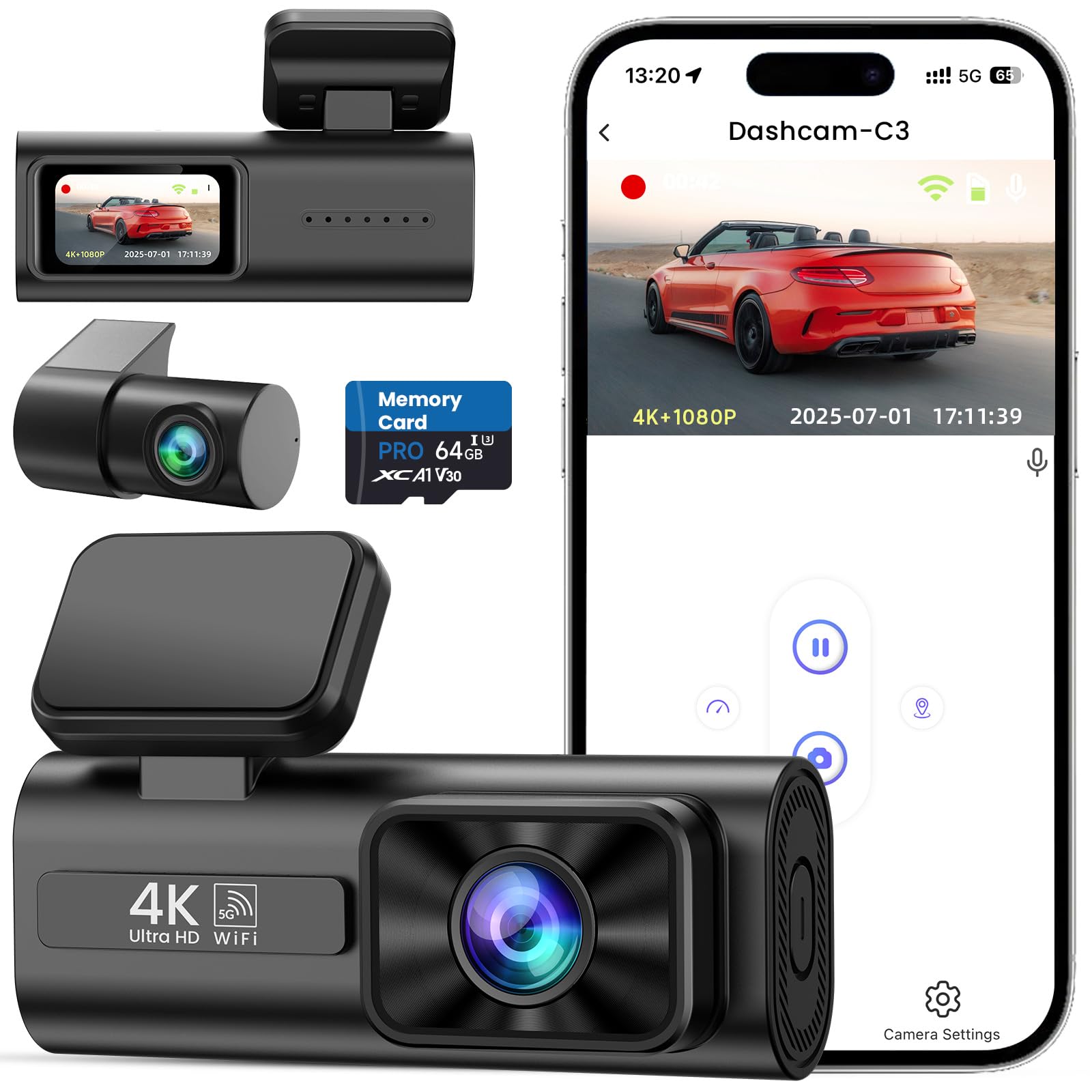 TINAZEOK Dash Cam Front and Rear 4K+1080P, 64GB Card, Night Vision, WDR | 5GHz W