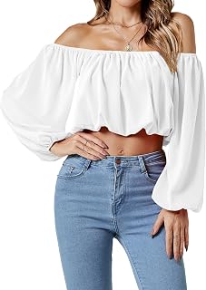 Umenlele Women's Casual Off Shoulder Ruffled Lantern Long Sleeve Crop Top