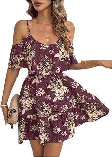SOLY HUX Women's Summer Floral Mini Dress Cold Shoulder Ruffle Dresses