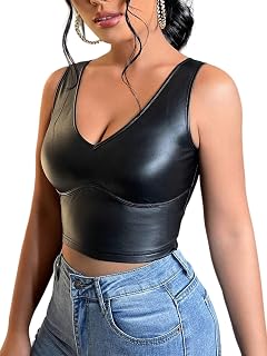 Floerns Women's PU Leather V Neck Solid Sleeveless Camisole Crop Tank Top