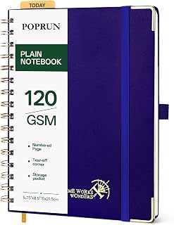 POPRUN White Spiral Notebook, A5 Hardcover, 141 Numbered Pages and 8 Detachable Sheets, Thick Paper 120 GSM, Sapphire Blue (RLB)