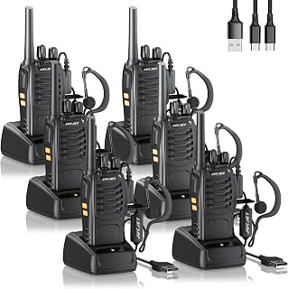 JUCJET BF-88E Walkie Talkies PMR446, Rechargeable with Earpieces, 6 Pack | Licence-free PMR446, 16 channels, earpieces included, Type-C cable, USB charging station, VOX, scan, LED torch, warehouses