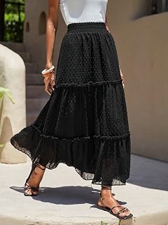 Women High Waist Frilled Mesh Ruffle Swiss Polka Dot Maxi Skirt Long Skirt