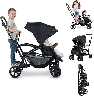 INFANS Sit and Stand Double Stroller, Foldable Tandem with Standing Platform Reclining Backrest, Adjustable Handlebar and Footrest, Storage Basket 5-Point Harnesses, Baby Pushchair for Toddlers