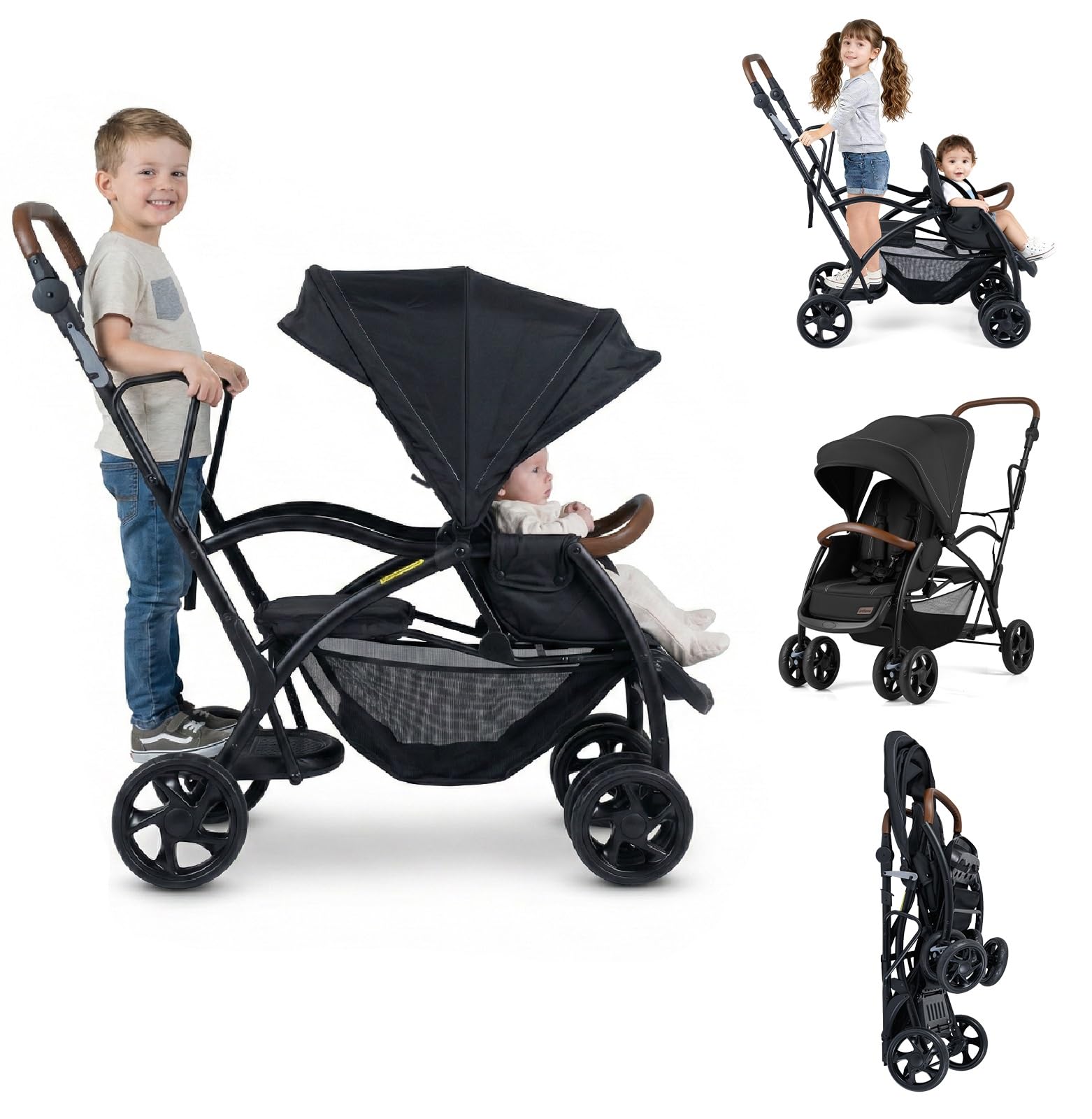 INFANS Sit and Stand Double Stroller, Foldable Tandem with Standing Platform Rec