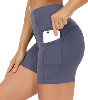 THE GYM PEOPLE ハイウエストヨガショーツ レディース 腹部コントロール フィットネス アスレチック ワークアウト ランニングショーツ 深いポケット付き