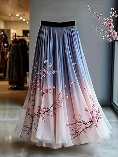 Women's French Style Ombre Floral Tulle Maxi Skirt A Line Long Skirt For Wedding Guest Formal Evening Party All Seasons,