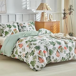 Lekesky King Size Duvet Cover Sets Maple Leaves Print Green Bedding Sets (1x Quilt Cover, 2x Pillowcase) Microfiber King Size Duvet Cover 230x220 cm