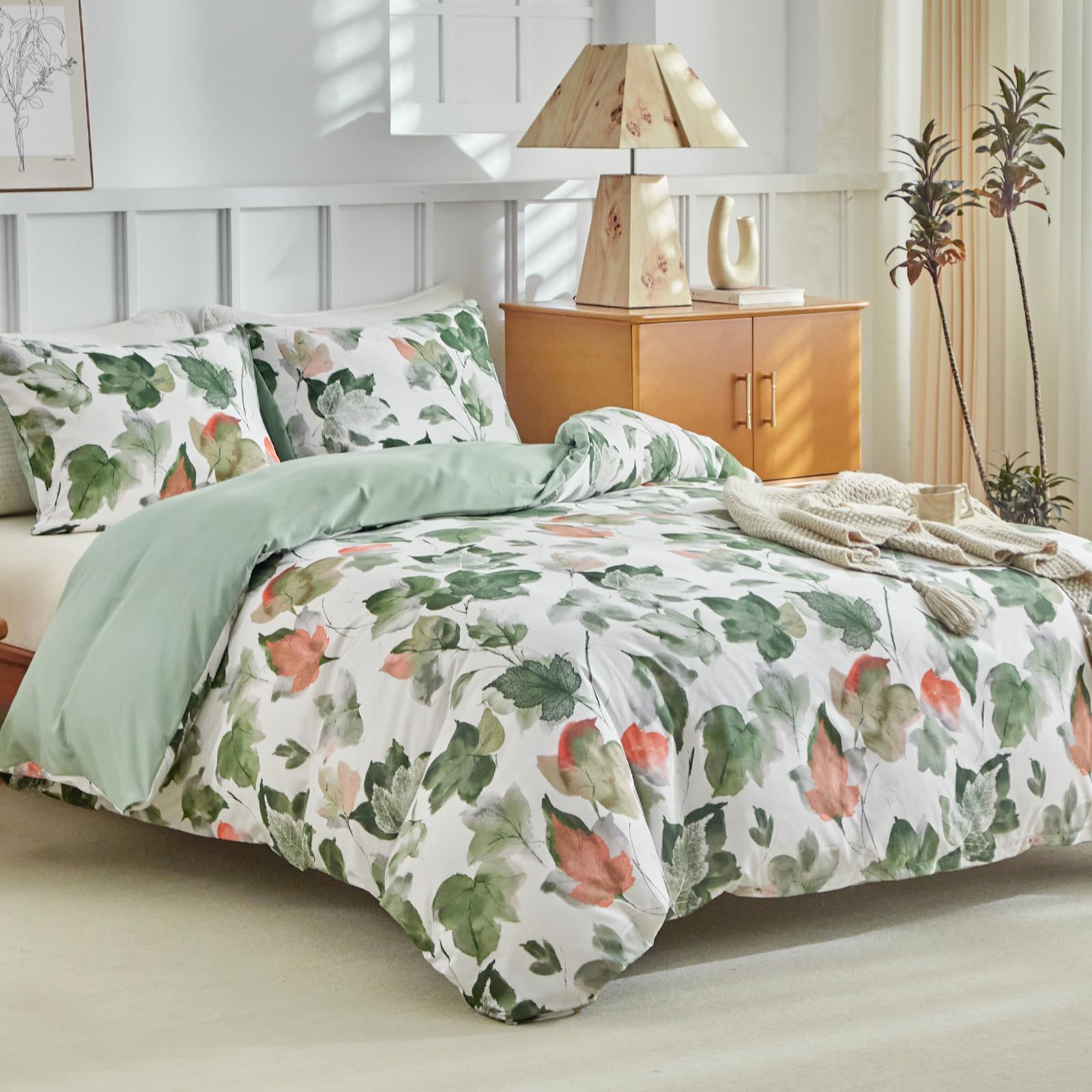 Lekesky King Size Duvet Cover Sets Maple Leaves Print Green Bedding Sets (1x Qui